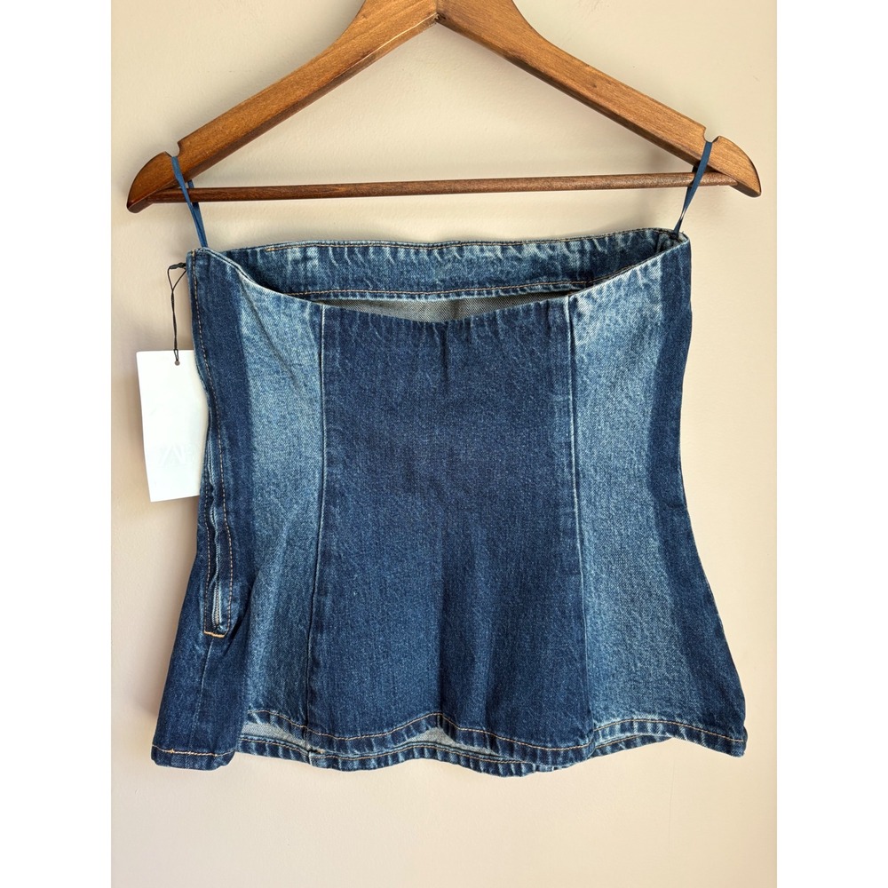 Zara TRF Two Tone Blue Denim Strapless Bandeau Corset Top Side Zip Small NEW - Picture 7 of 10